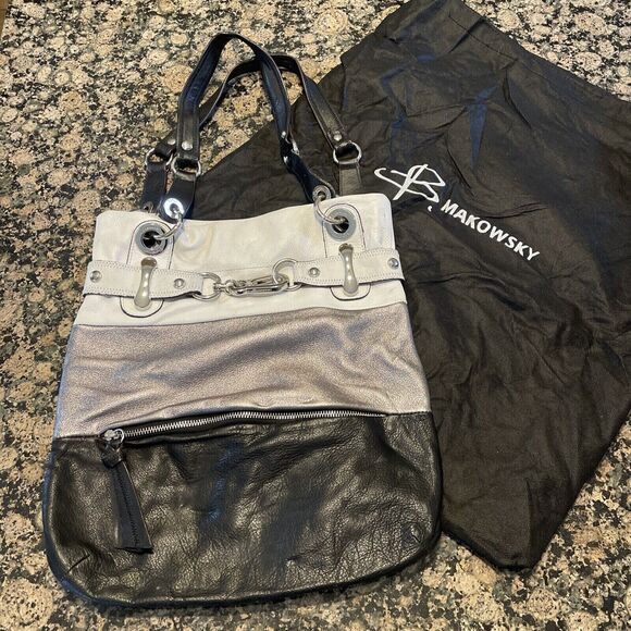 B. Makowsky Black White Silver‎ Large Leather Tote Hobo Handbag - Picture 1 of 9